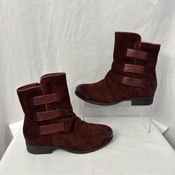 Miz Mooz Leather Ankle Boots Triple Strap Merlot Red - Picture 10 of 12
